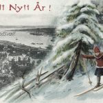 Tecknat nyårskort med skidåkande barn och en vy från Norra Stadsberget