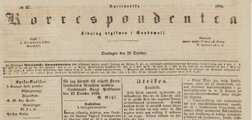 En del av en första sida av Norrländsak Korrespondenten 1856