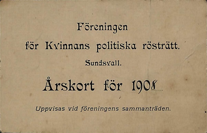 Medlemskort för Föreningen för Kvinnans politiska rösträtt 1908.