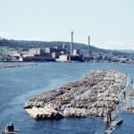 Bilden visar buntar med timmer som transporteras på älven. I bakgrunden syns en fabrik med två höga skorstenar